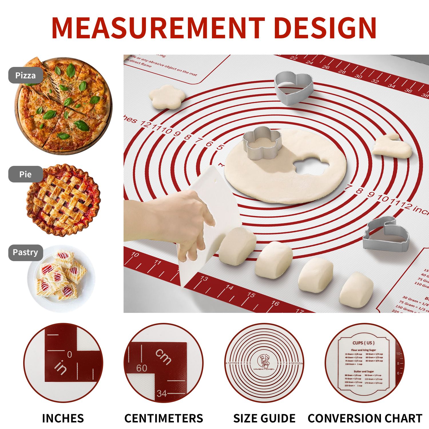 Pastry Mat with Measurements - Red, 26x16